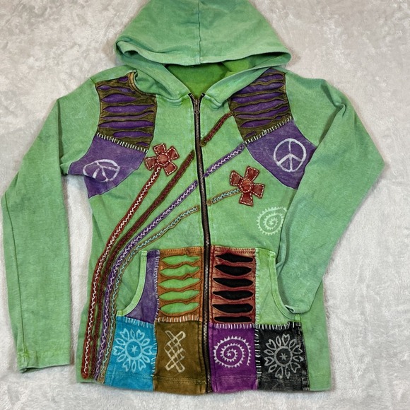 Rising International Patchwork Peace Sign Hoodie Jacket Hippie Boho Green L - Picture 1 of 12
